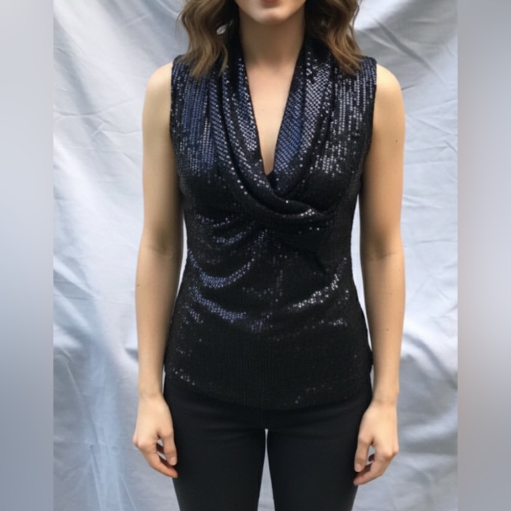 Ann Taylor Sleeveless Navy Sequin Wrap Top Size 6